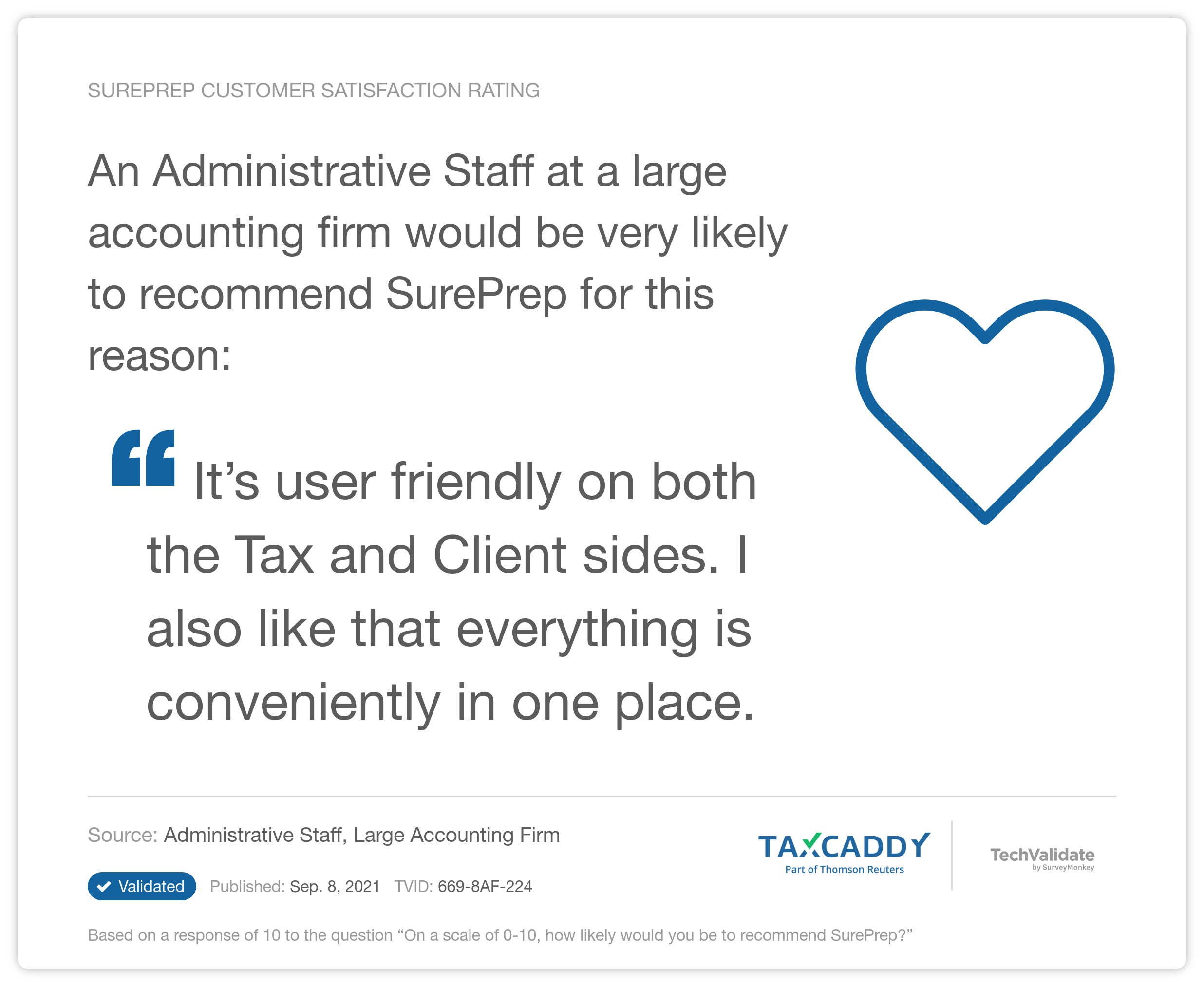 An Administrative Staff at a large accounting firm would be very likely to recommend SurePrep for this reason: "It's user friendly on both the Tax and Client sides. I also like that everything is conveniently in one place.