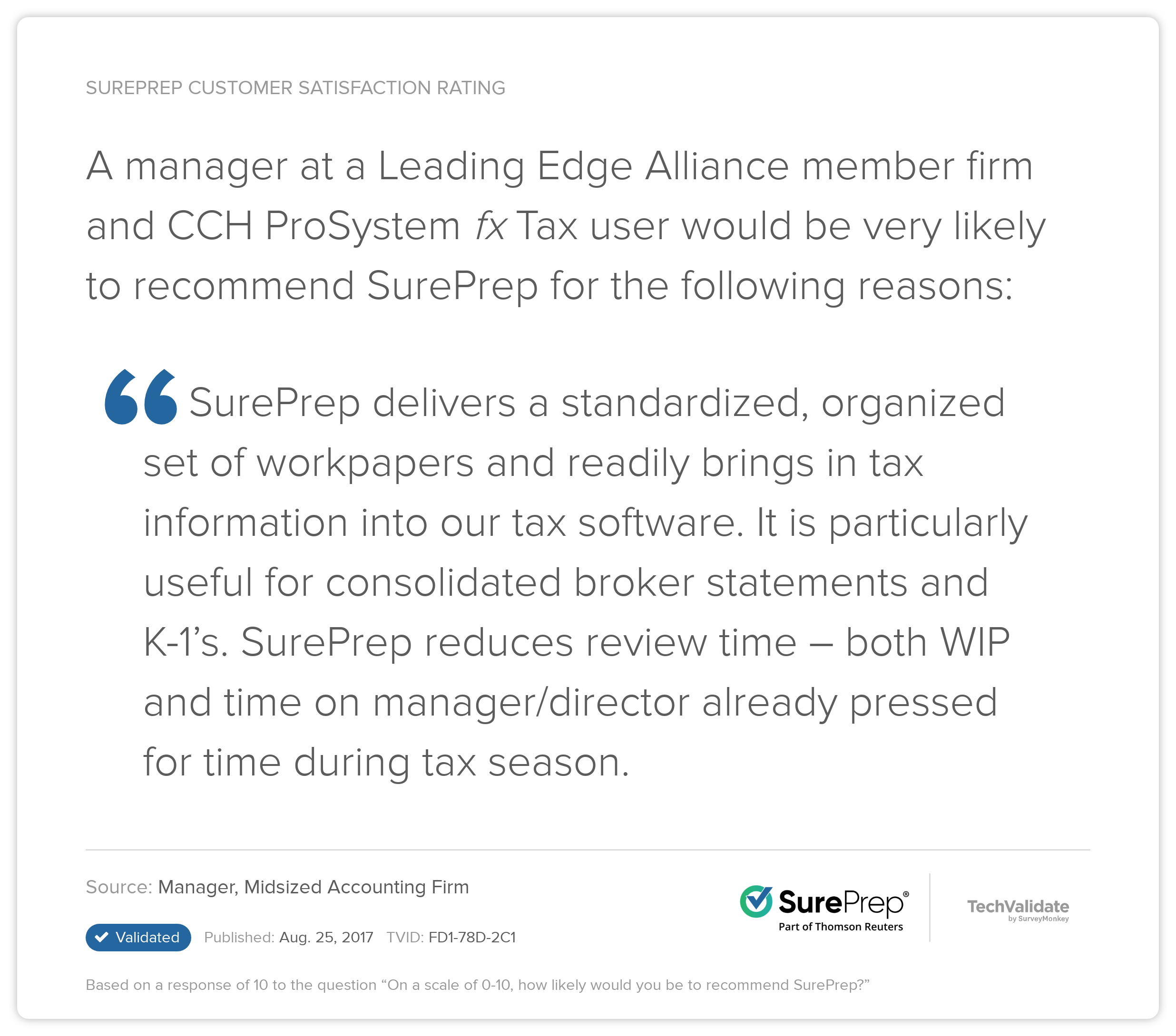 A manager at a Leading Edge Alliance member firm and CCH ProSystem fx Tax user would be very likely to recommend SurePrep for the following reasons: "SurePrep delivers a standardized, organized set of workpapers and readily brings in tax information into our tax software. It is particularly useful for consolidated broker statements and K-1's. SurePrep reduces review time -- both WIP and time on manager/director already pressed for time during tax season."