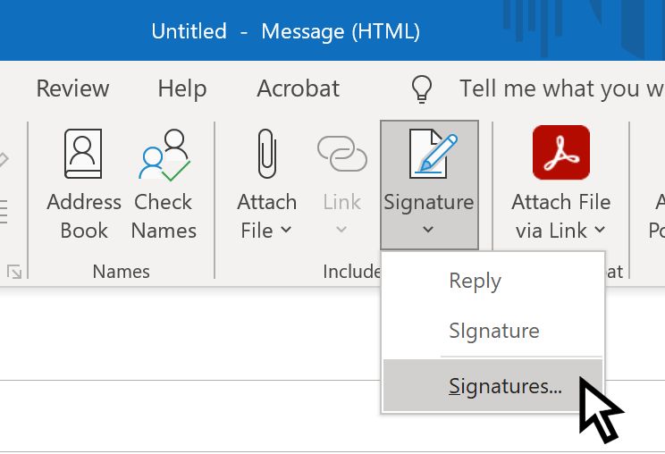 Click Signature, then click Signatures.